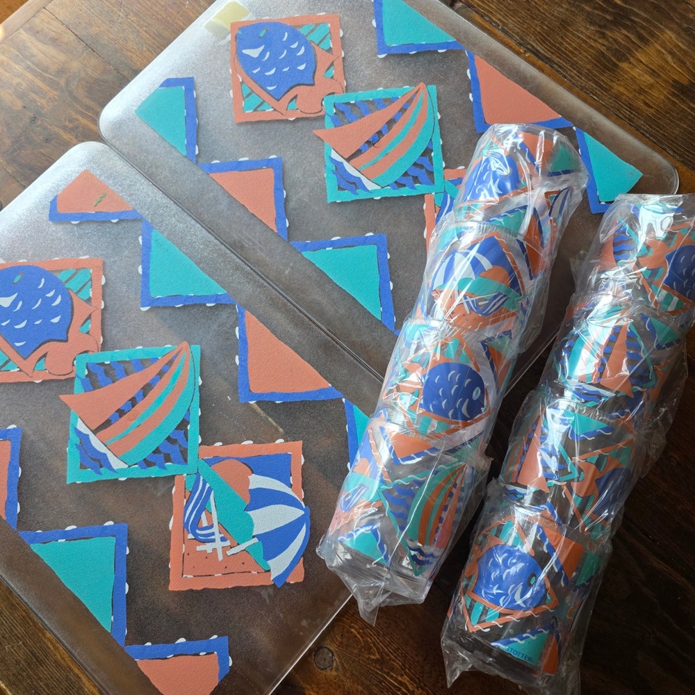 Vintage HJ Stotter acrylic set beach‎ vacation 2 tray 8 cup NEW